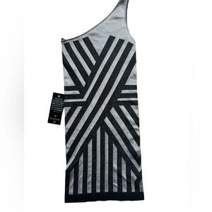 Bebe One-Shoulder Black & Silver Bodycon Stretchy Dress Size S New